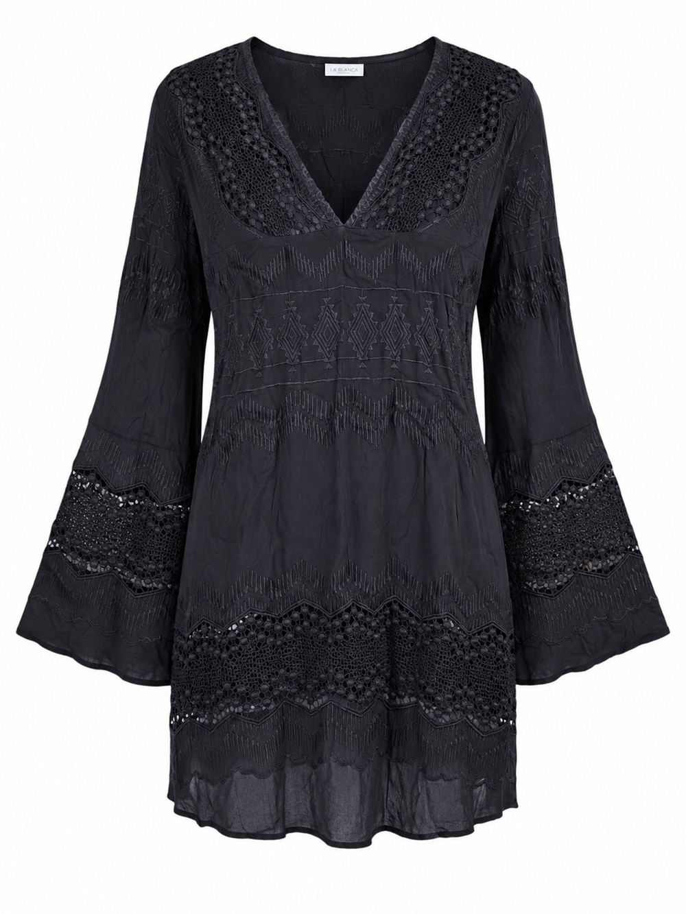 LA BLANCA | Black Tonal Crochet Embroidered V-Neck Tunic Mini Dress Cover Up | L